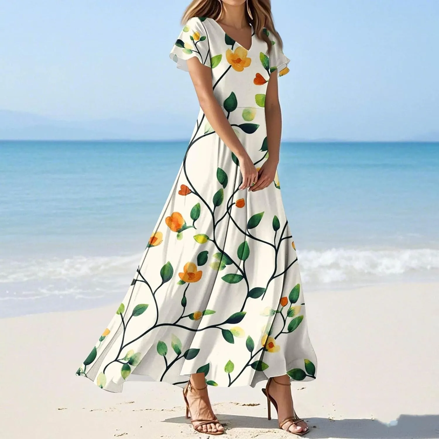 Church Dresses for Women 2025 Summer Elegant Classy Flowy Ruffle Swing V Neck A Line Dress Casual Boho Long Sundress