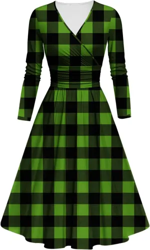 Cocktail Dresses for Women Long Sleeves V-Neck Midi Dresses Vintage Plaid Print Plus Size Knee-Length Party Dress