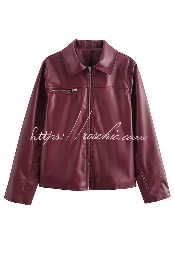 Fashion Lapel Long Sleeve Pocket Zipper Leather Jacket