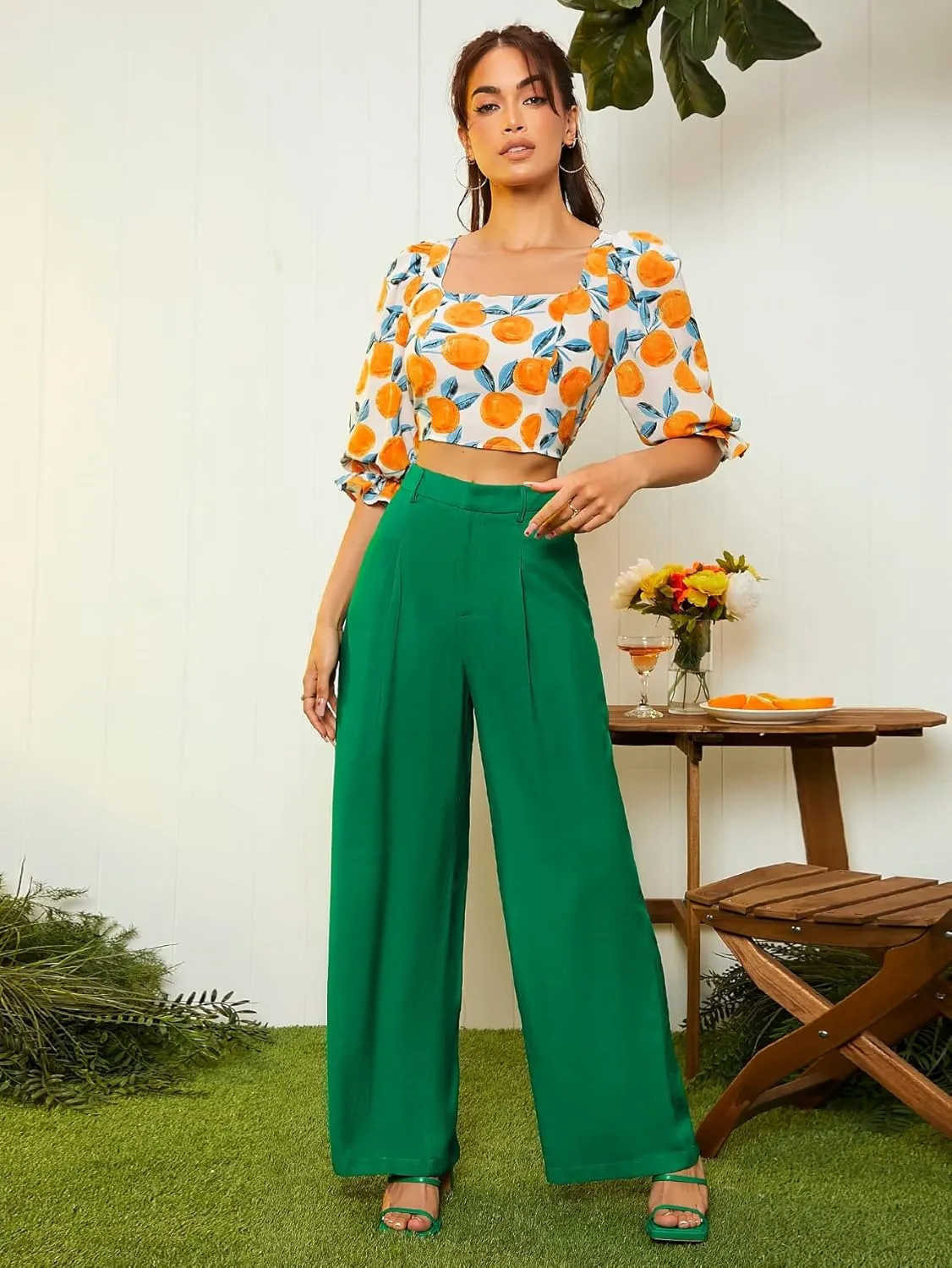 Floerns Women's Casual High Waisted Pleated Wide Leg Palazzo Pants Trousers