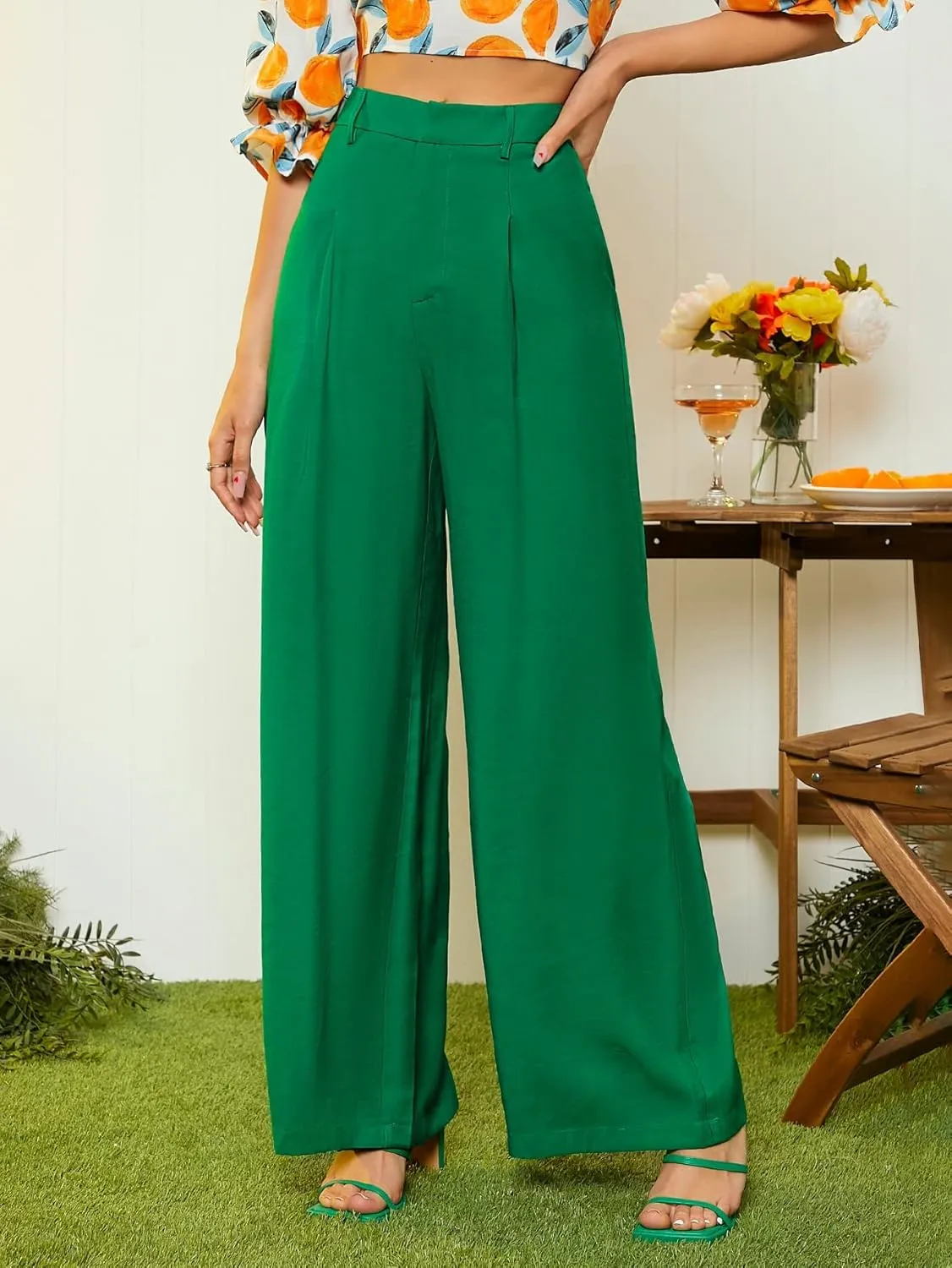 Floerns Women's Casual High Waisted Pleated Wide Leg Palazzo Pants Trousers