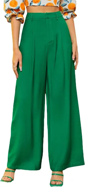 Floerns Women's Casual High Waisted Pleated Wide Leg Palazzo Pants Trousers