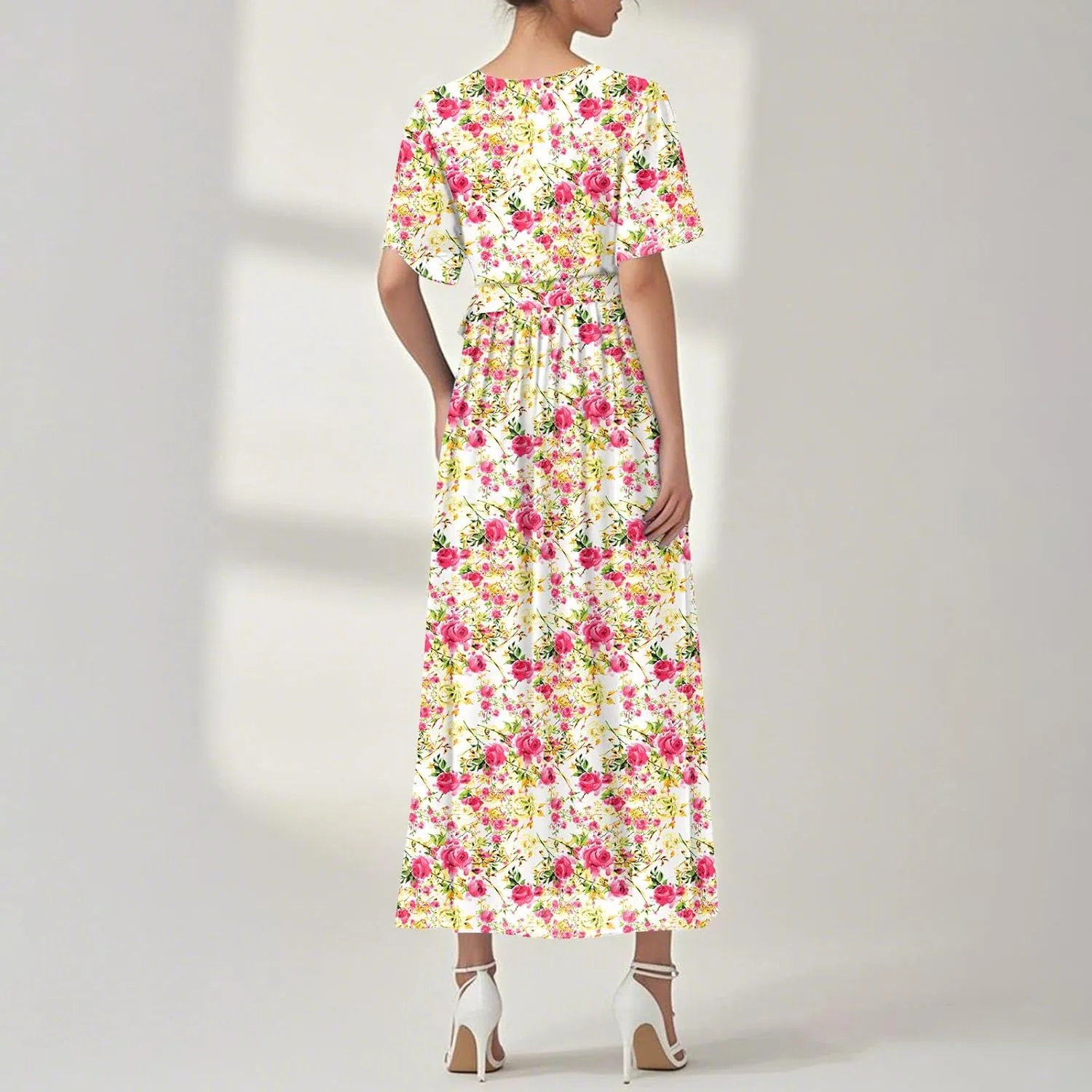Floral Dress for Women,Flowy Wrap Chiffon Boho Beach Vacation Maxi Summer Dresses Short Sleeve Midi Sundresses
