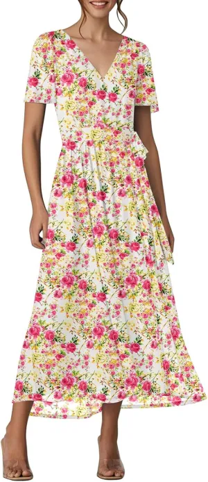 Floral Dress for Women,Flowy Wrap Chiffon Boho Beach Vacation Maxi Summer Dresses Short Sleeve Midi Sundresses
