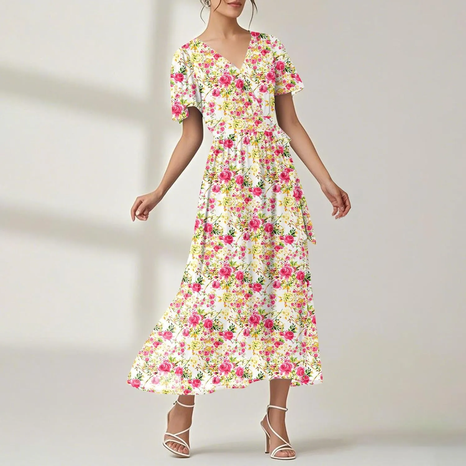 Floral Dress for Women,Flowy Wrap Chiffon Boho Beach Vacation Maxi Summer Dresses Short Sleeve Midi Sundresses