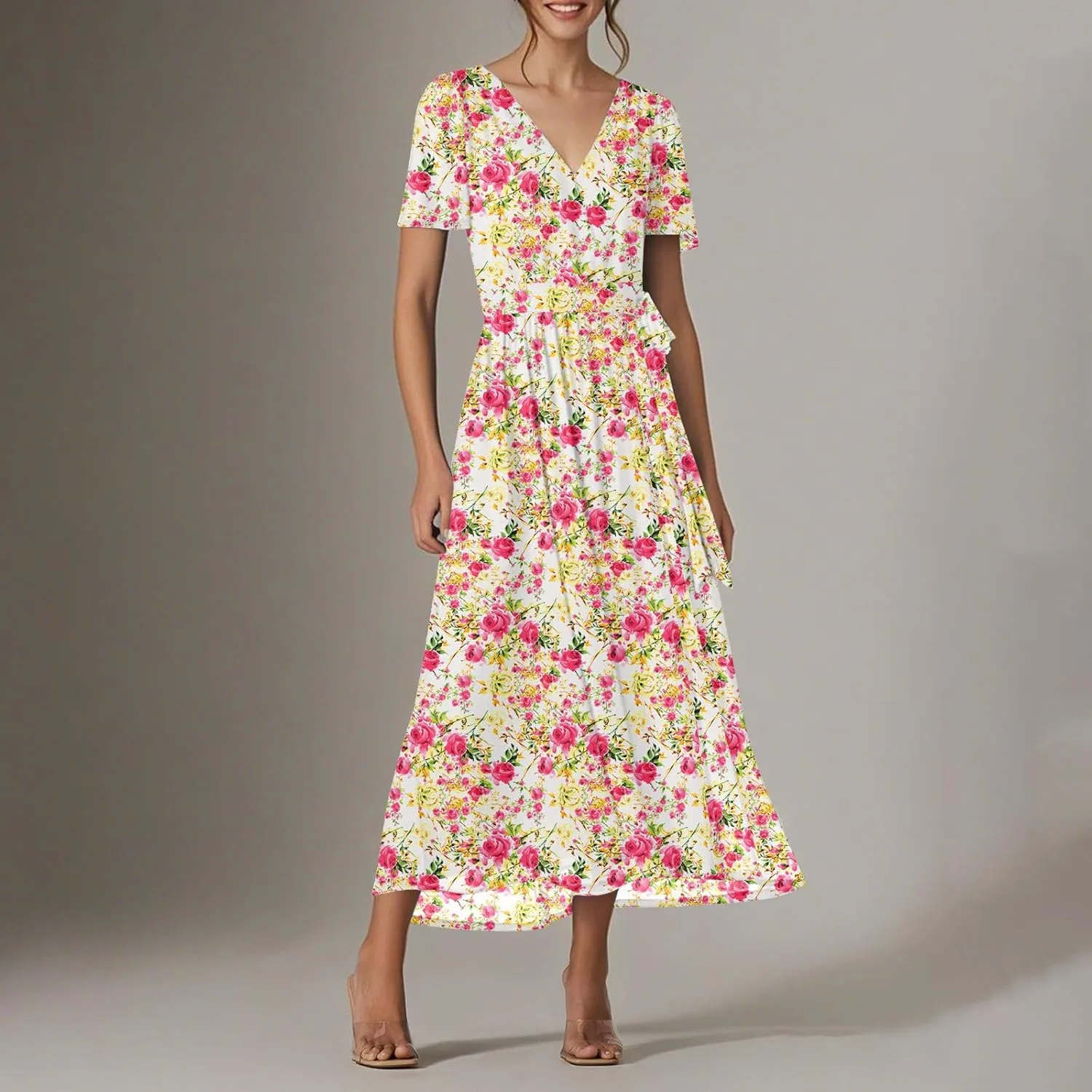 Floral Dress for Women,Flowy Wrap Chiffon Boho Beach Vacation Maxi Summer Dresses Short Sleeve Midi Sundresses