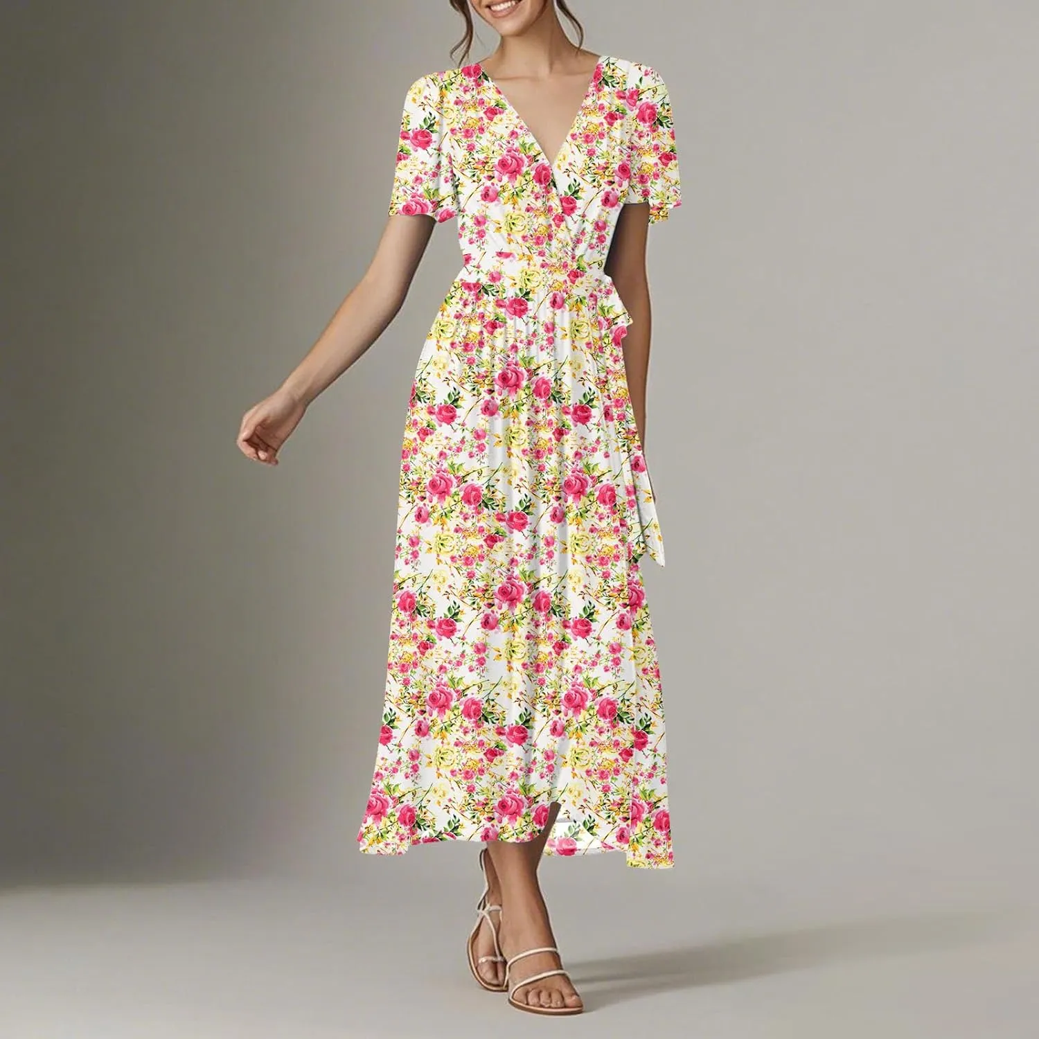 Floral Dress for Women,Flowy Wrap Chiffon Boho Beach Vacation Maxi Summer Dresses Short Sleeve Midi Sundresses