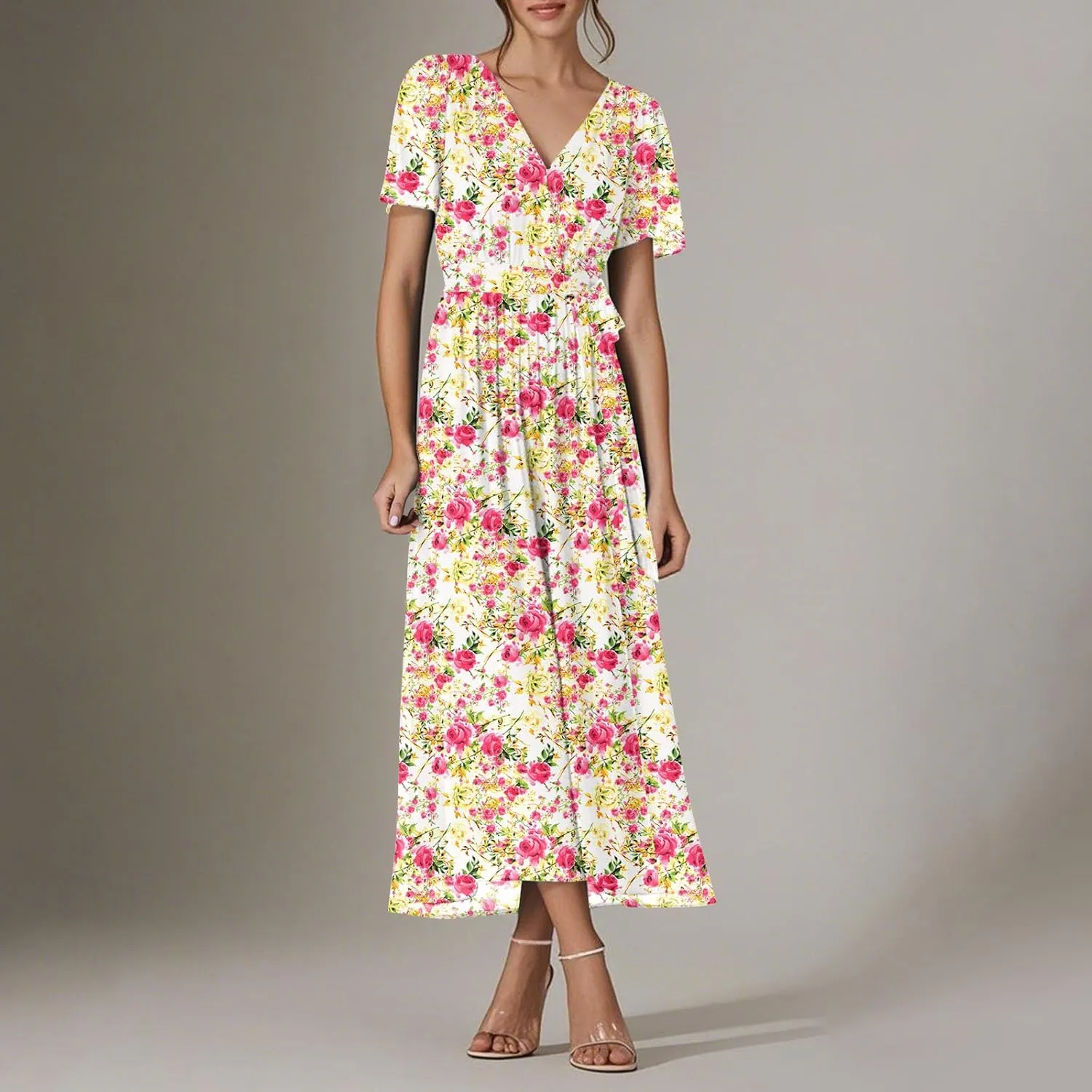 Floral Dress for Women,Flowy Wrap Chiffon Boho Beach Vacation Maxi Summer Dresses Short Sleeve Midi Sundresses