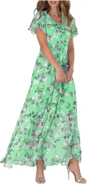 Floral Maxi Dresses for Women 2025 Summer Elegant Flutter Sleeve Long Flowy Trendy V Neck Garden Party Dress