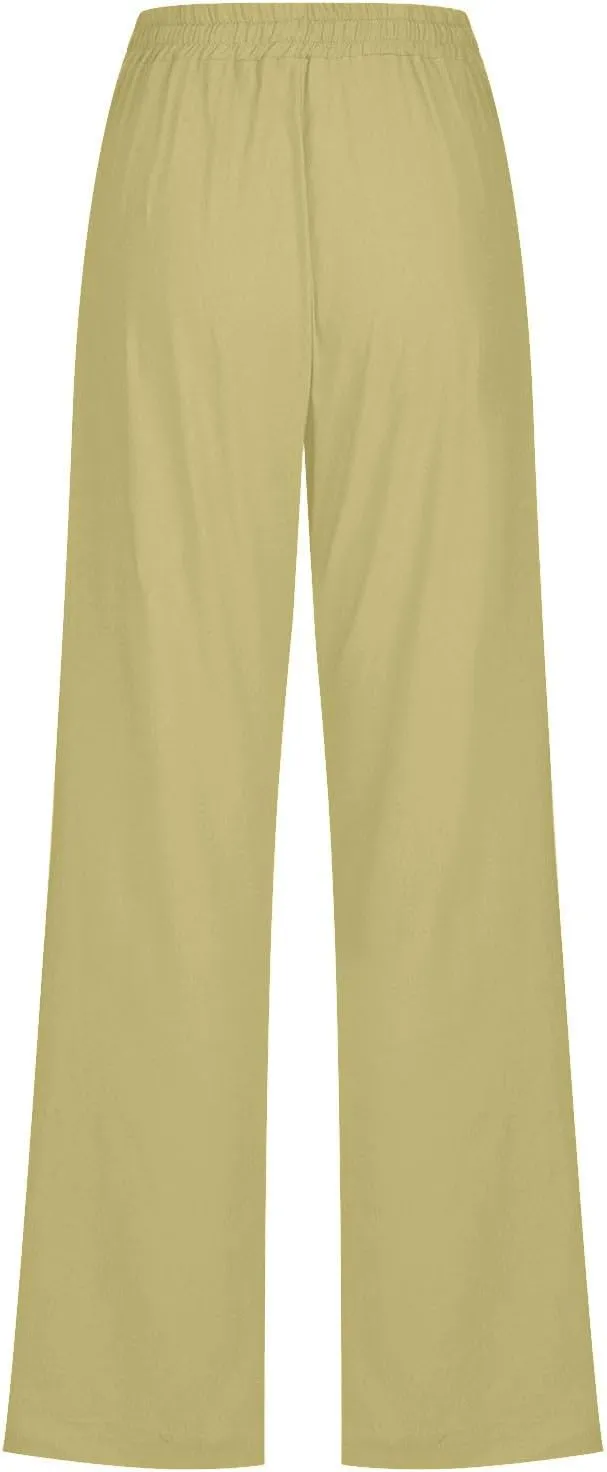 Flowy Pants for Women Elastic Waist Wide Leg Trousers Lightweight Linen Blend Casual Spring and Summer Beachwear