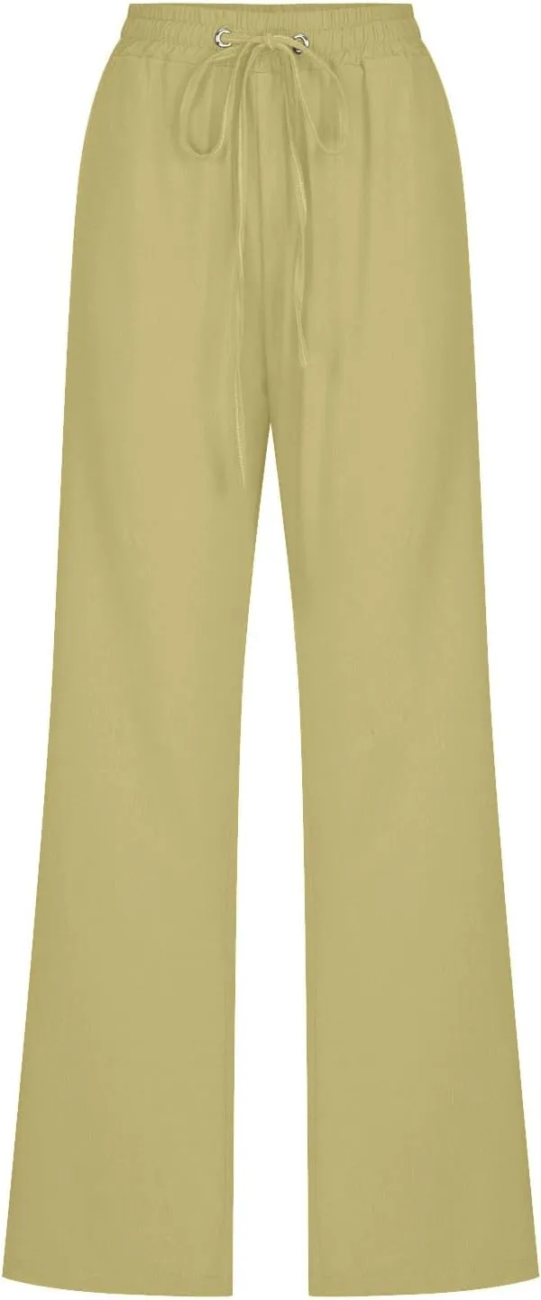 Flowy Pants for Women Elastic Waist Wide Leg Trousers Lightweight Linen Blend Casual Spring and Summer Beachwear