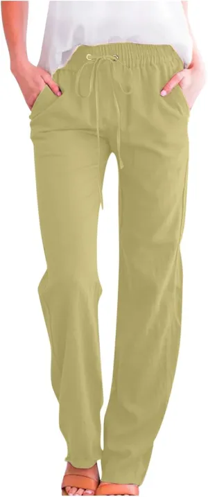 Flowy Pants for Women Elastic Waist Wide Leg Trousers Lightweight Linen Blend Casual Spring and Summer Beachwear