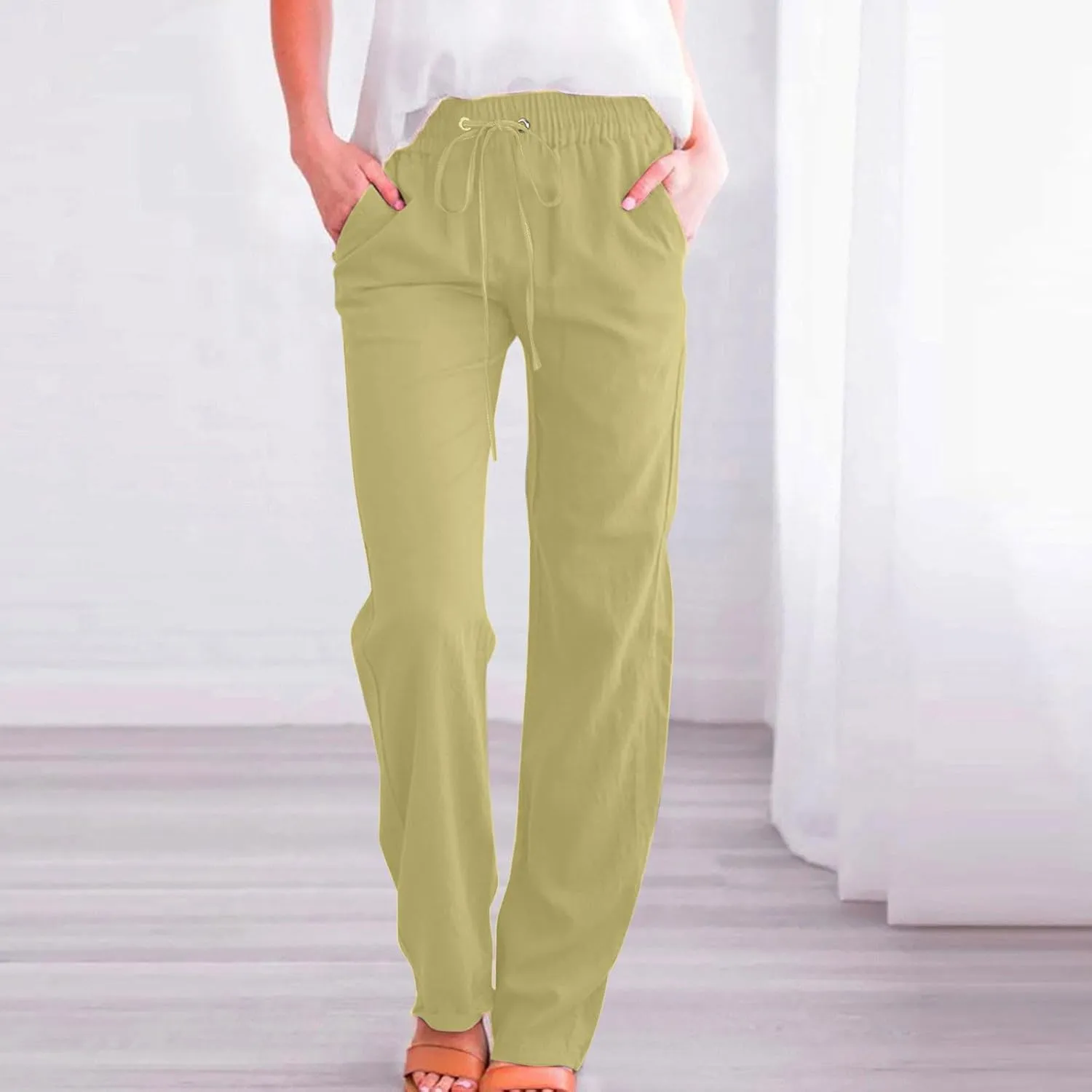 Flowy Pants for Women Elastic Waist Wide Leg Trousers Lightweight Linen Blend Casual Spring and Summer Beachwear