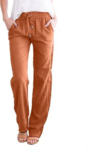Flowy Pants for Women Elastic Waist Wide Leg Trousers Lightweight Linen Blend Casual Summer Beachwear