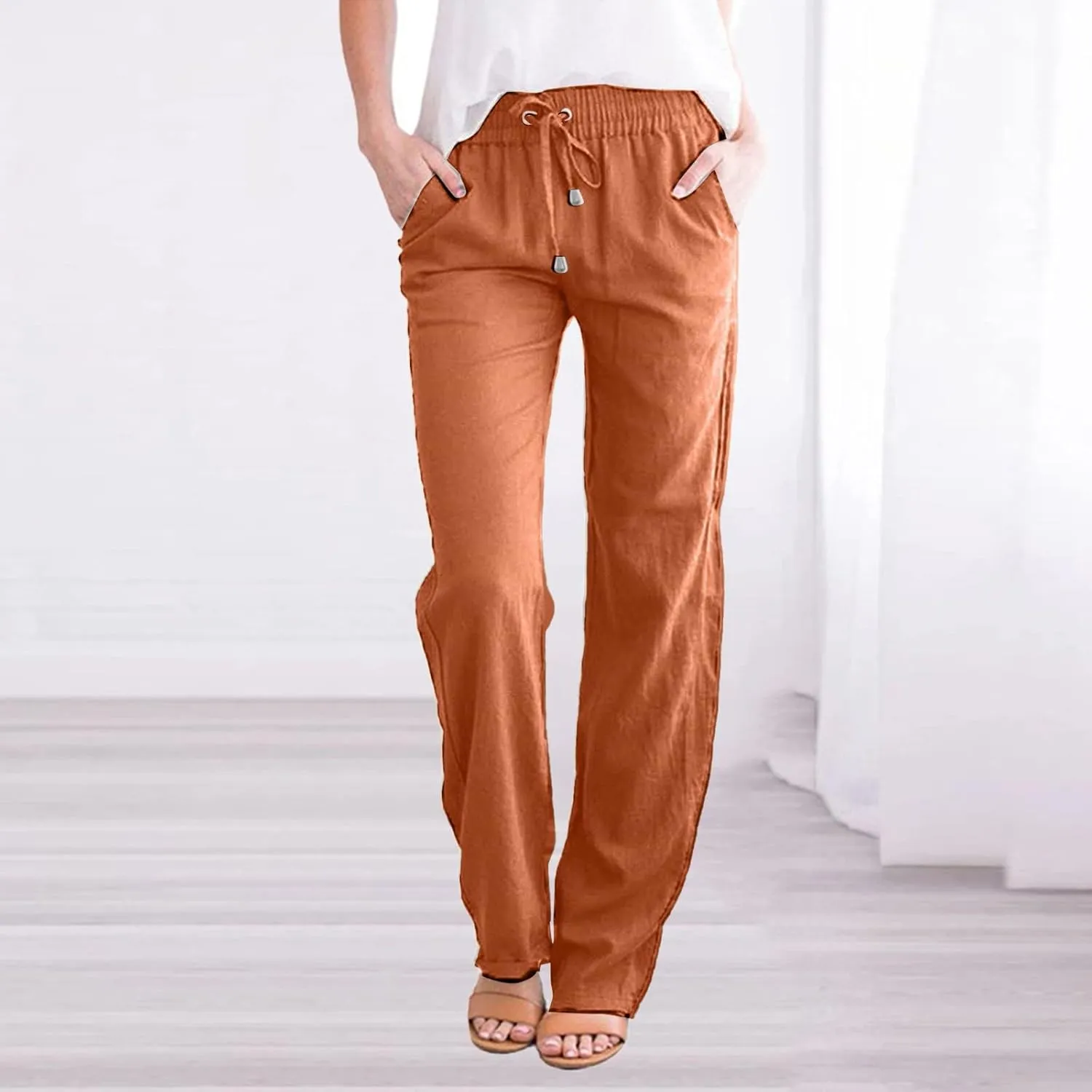 Flowy Pants for Women Elastic Waist Wide Leg Trousers Lightweight Linen Blend Casual Summer Beachwear
