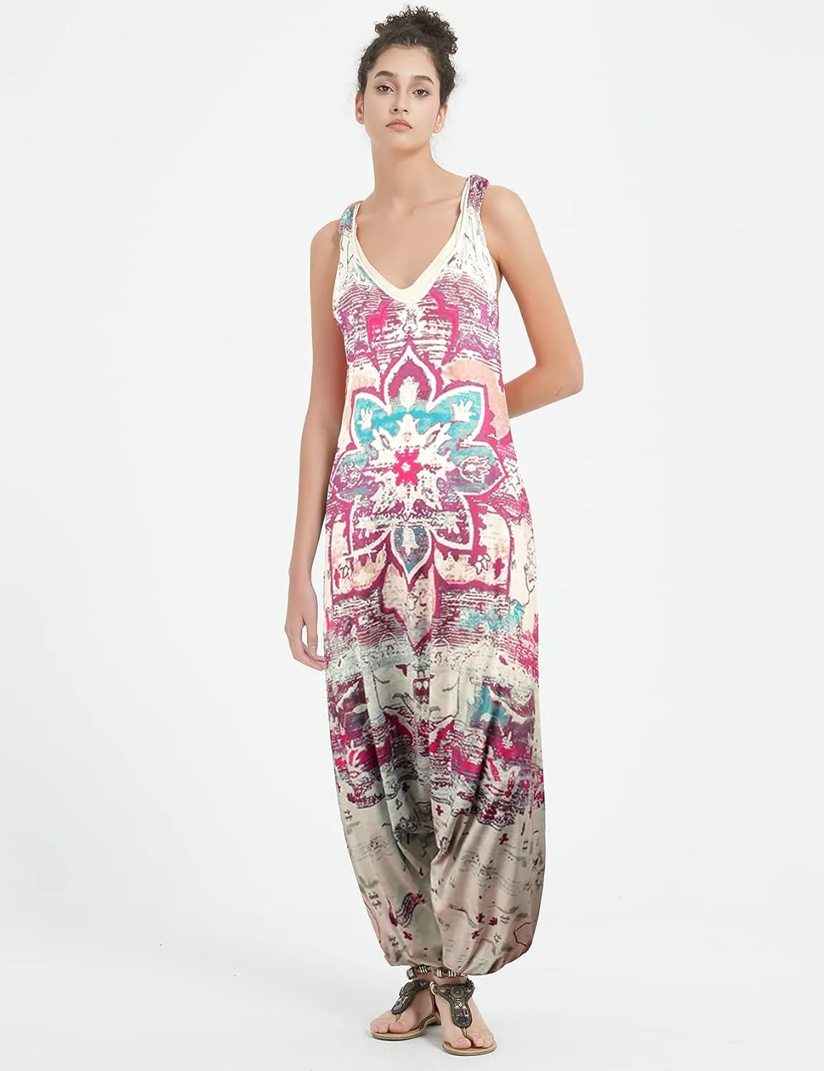 Gihuo Harem Jumpsuit for Women Boho Floral Beach Tie Dye Backless Jumpsuit Rompers