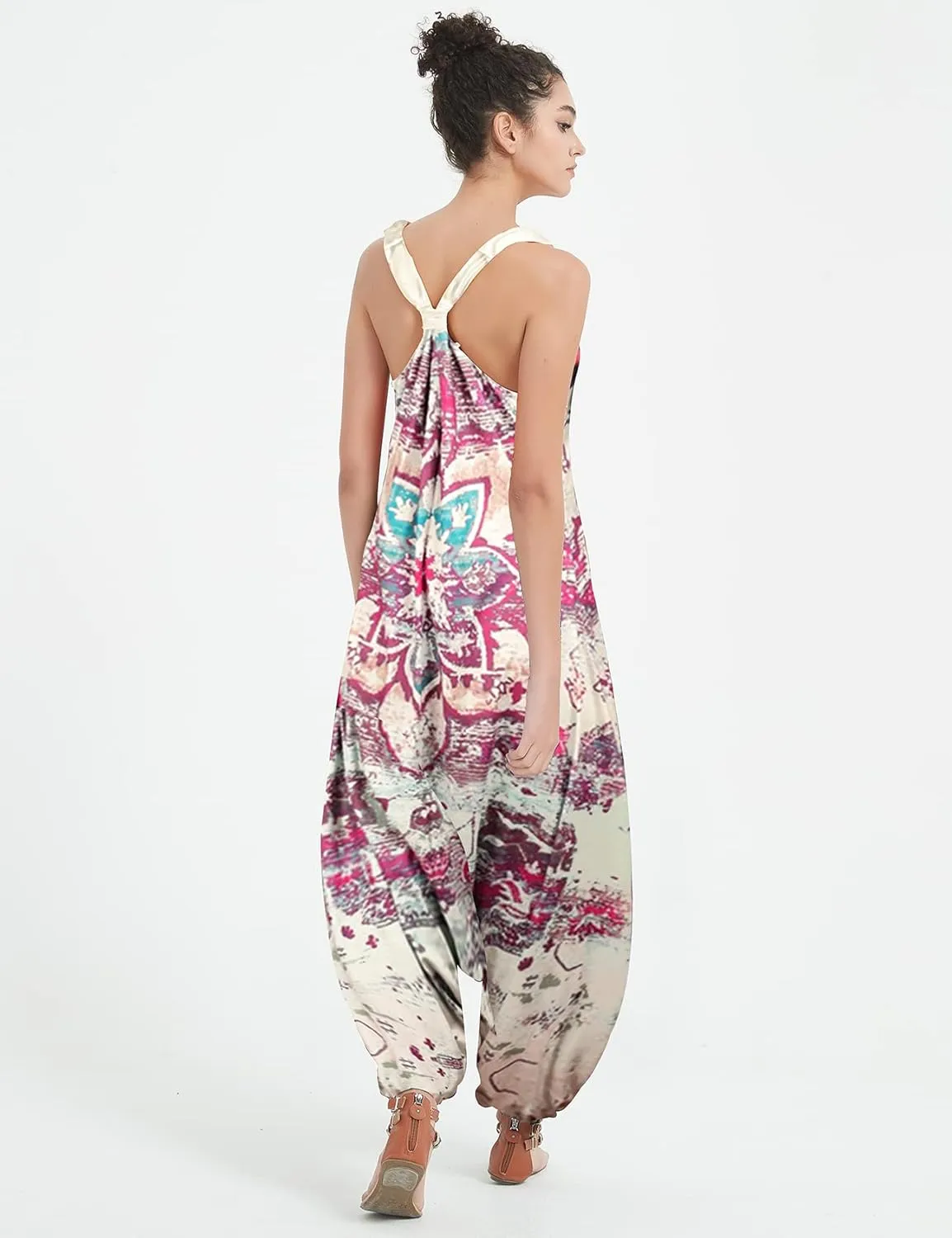 Gihuo Harem Jumpsuit for Women Boho Floral Beach Tie Dye Backless Jumpsuit Rompers