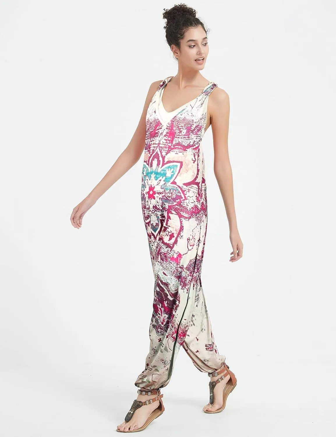 Gihuo Harem Jumpsuit for Women Boho Floral Beach Tie Dye Backless Jumpsuit Rompers