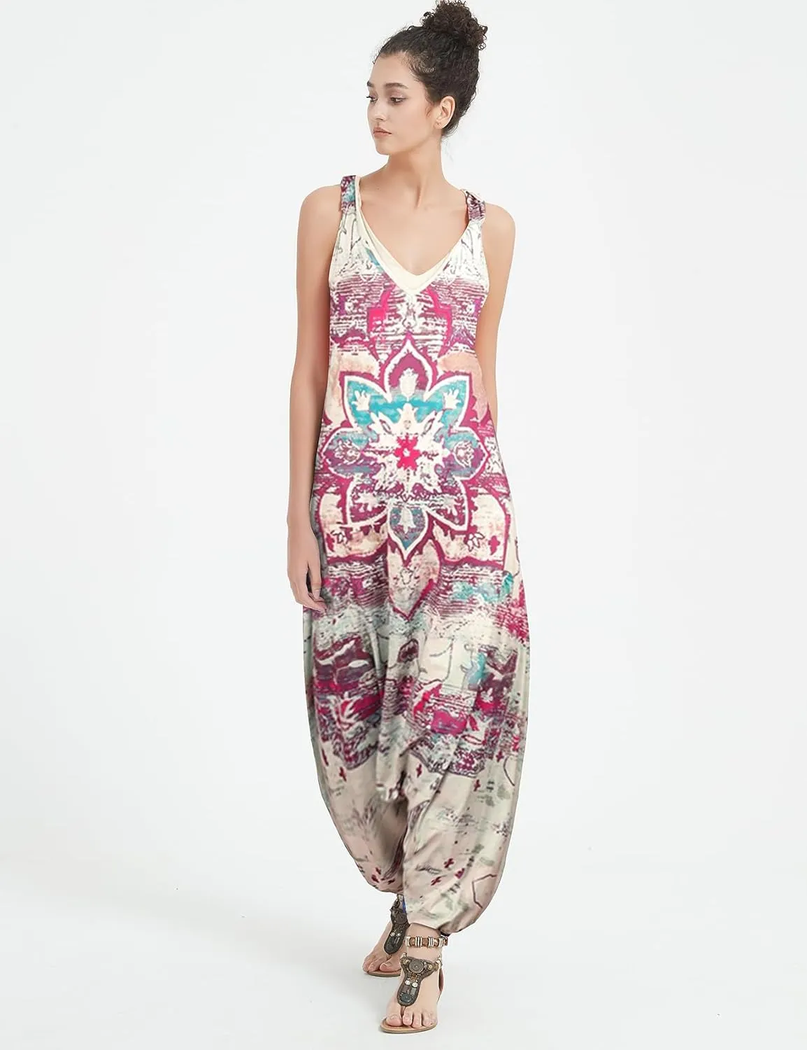 Gihuo Harem Jumpsuit for Women Boho Floral Beach Tie Dye Backless Jumpsuit Rompers