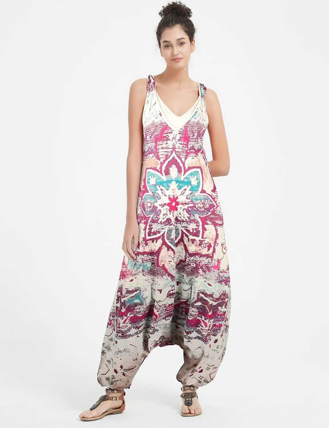 Gihuo Harem Jumpsuit for Women Boho Floral Beach Tie Dye Backless Jumpsuit Rompers