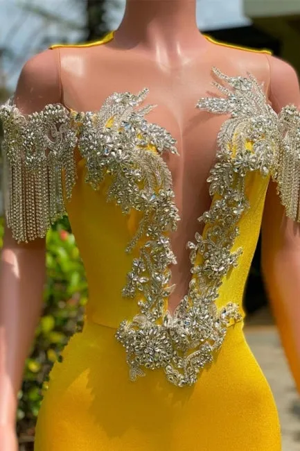 Gorgeous Yellow Tassel Off-The-Shoulder Beading Prom Dress with Ruffles