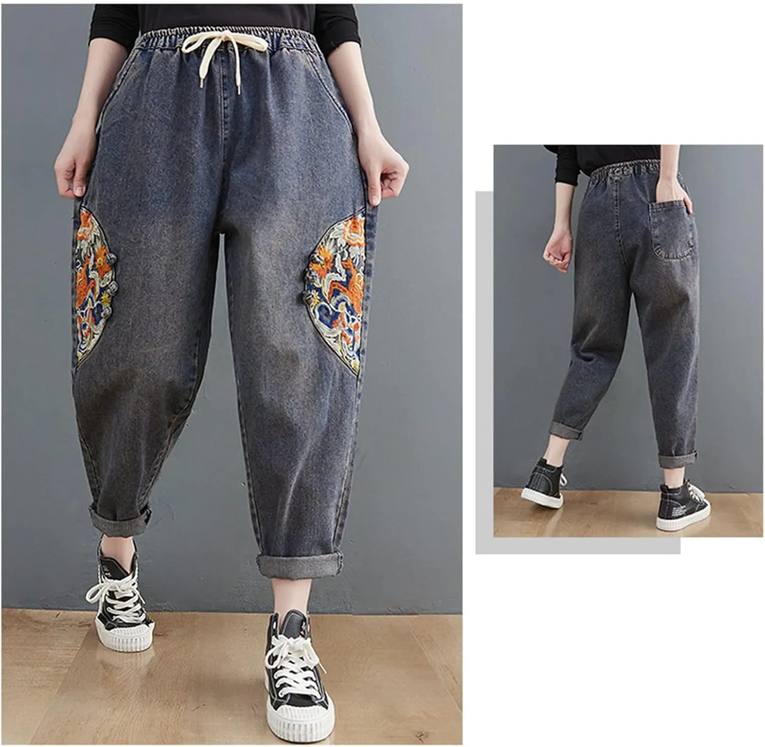 HALITOSS Women's Distressed Denim Jeans Elastic Waist Harem Cropped Pants Casual Ankle Length Trouser