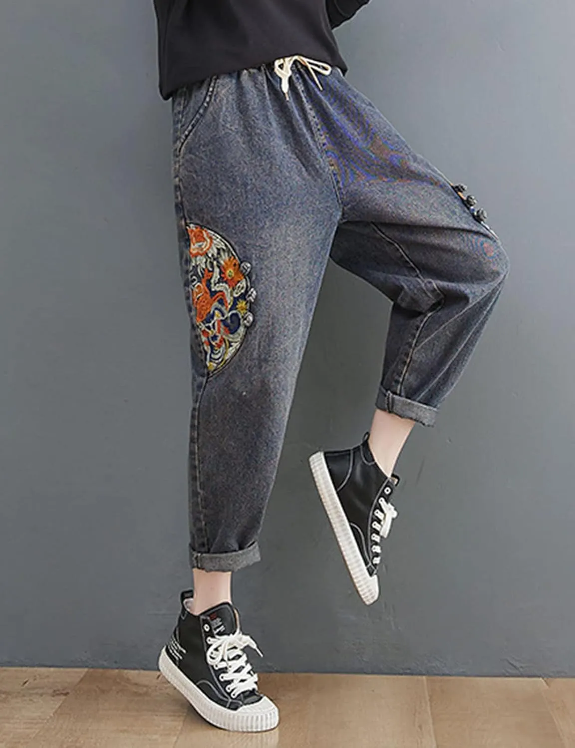 HALITOSS Women's Distressed Denim Jeans Elastic Waist Harem Cropped Pants Casual Ankle Length Trouser