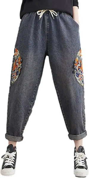 HALITOSS Women's Distressed Denim Jeans Elastic Waist Harem Cropped Pants Casual Ankle Length Trouser