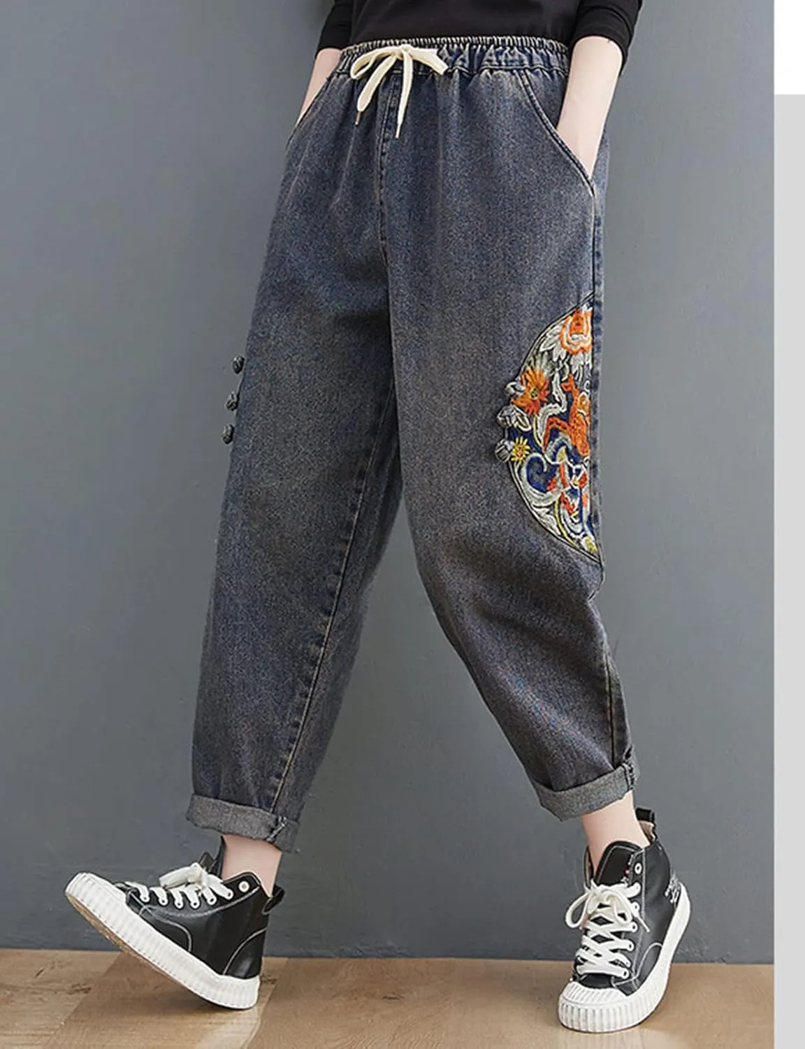 HALITOSS Women's Distressed Denim Jeans Elastic Waist Harem Cropped Pants Casual Ankle Length Trouser