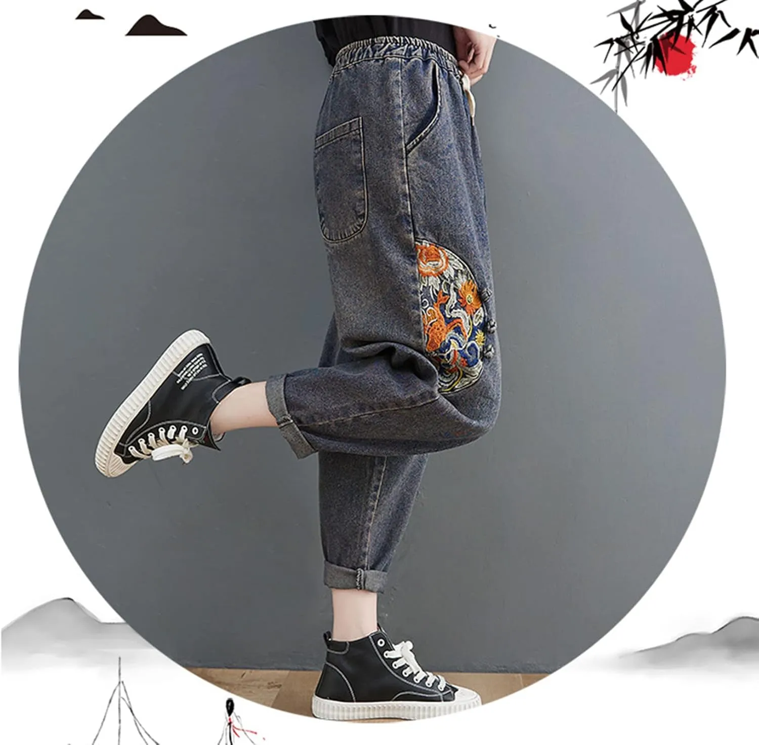HALITOSS Women's Distressed Denim Jeans Elastic Waist Harem Cropped Pants Casual Ankle Length Trouser
