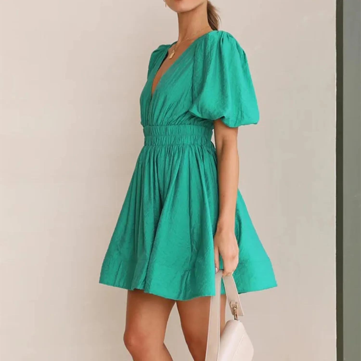 HGps8w Womens Puff Sleeve Cute A-Line Mini Dress Sexy Deep V Neck High Waisted Ruffle Short Dress Party Club Dresses
