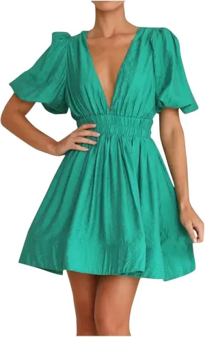 HGps8w Womens Puff Sleeve Cute A-Line Mini Dress Sexy Deep V Neck High Waisted Ruffle Short Dress Party Club Dresses