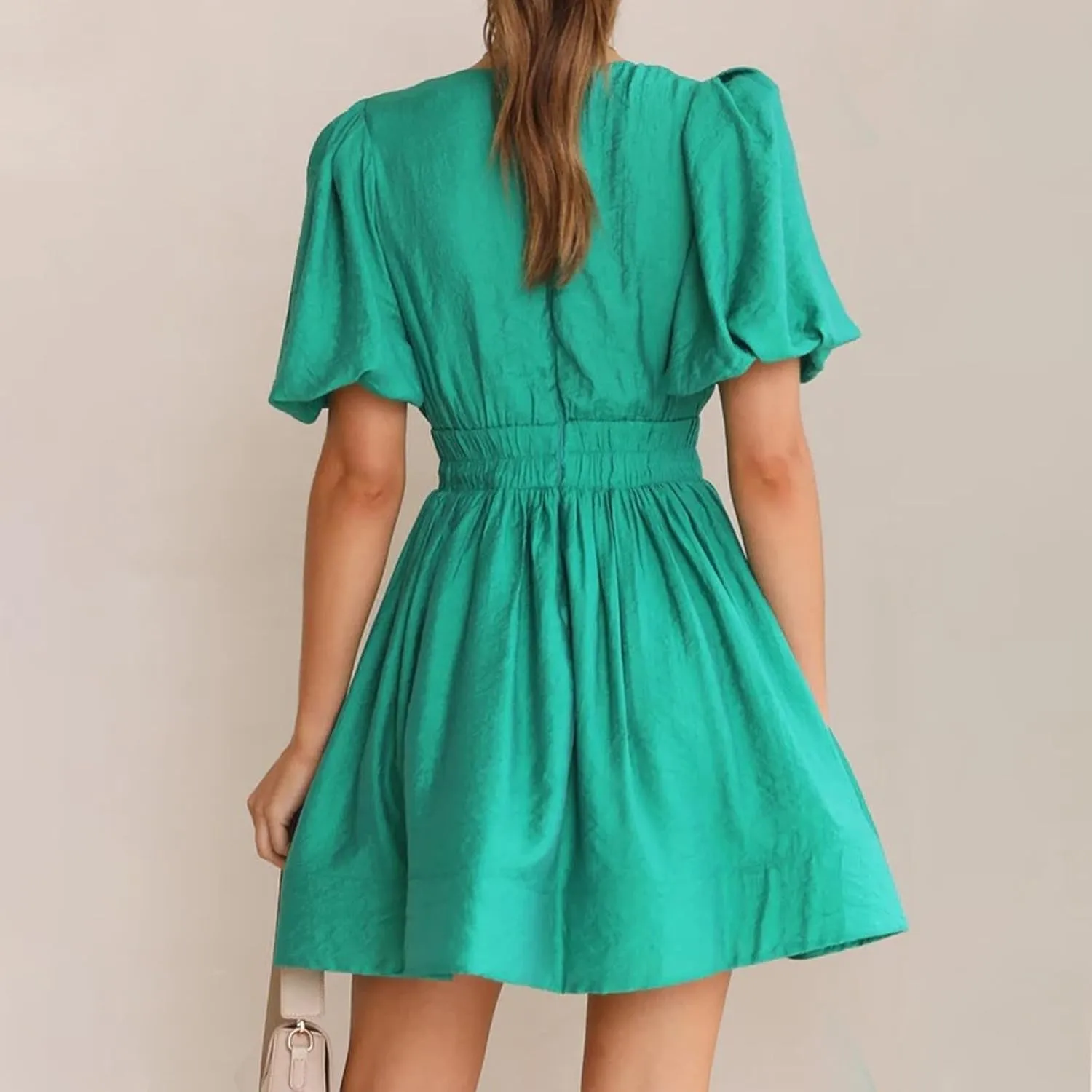 HGps8w Womens Puff Sleeve Cute A-Line Mini Dress Sexy Deep V Neck High Waisted Ruffle Short Dress Party Club Dresses