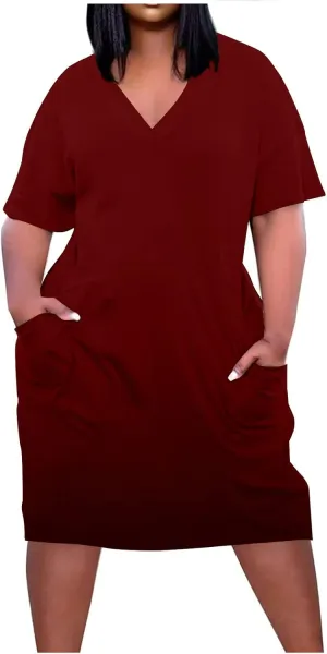 hlysgo Plus Size Dresses for Women V Neck Short Sleeve Summer Tshirt Dress Casual Loose Midi Dress with Pockets