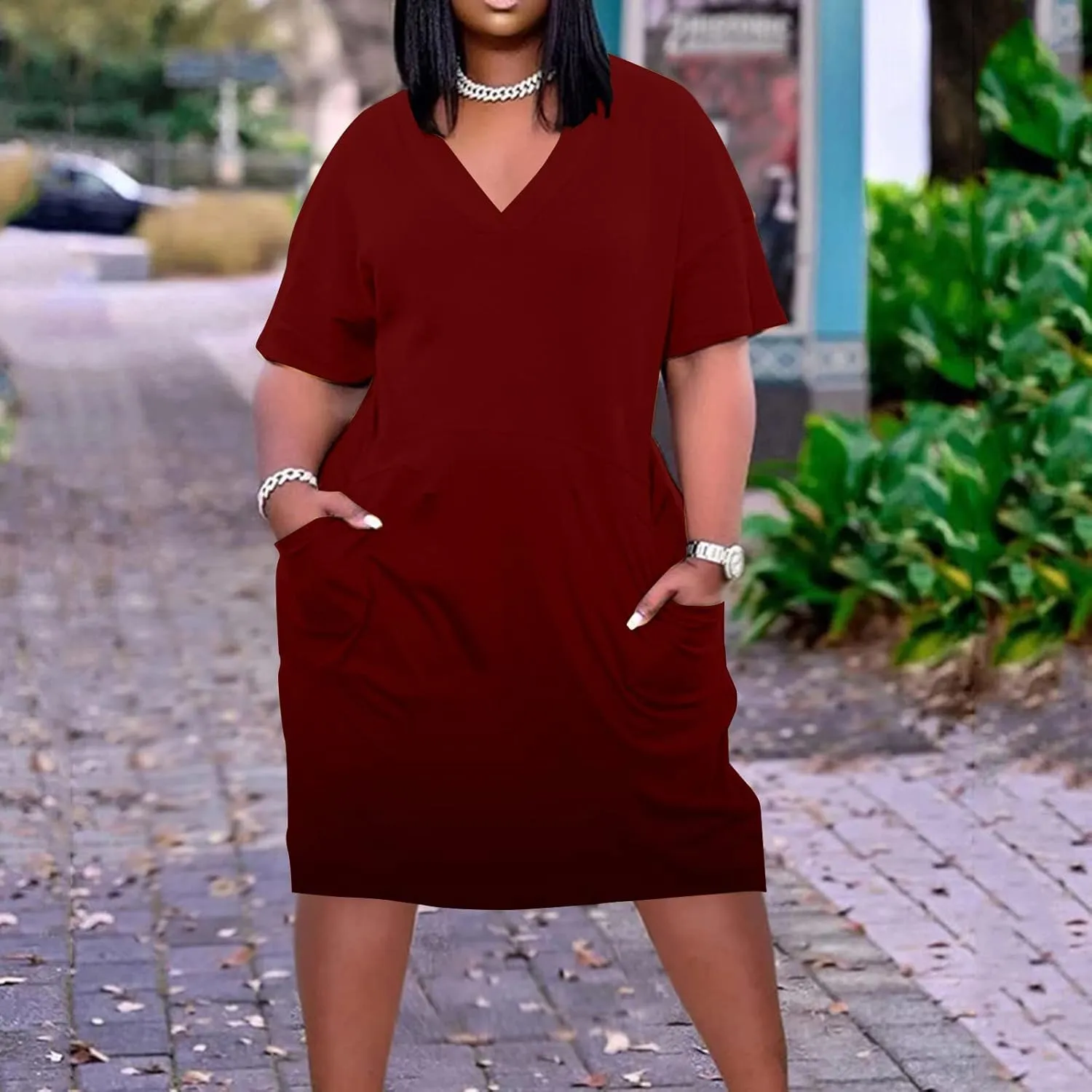 hlysgo Plus Size Dresses for Women V Neck Short Sleeve Summer Tshirt Dress Casual Loose Midi Dress with Pockets