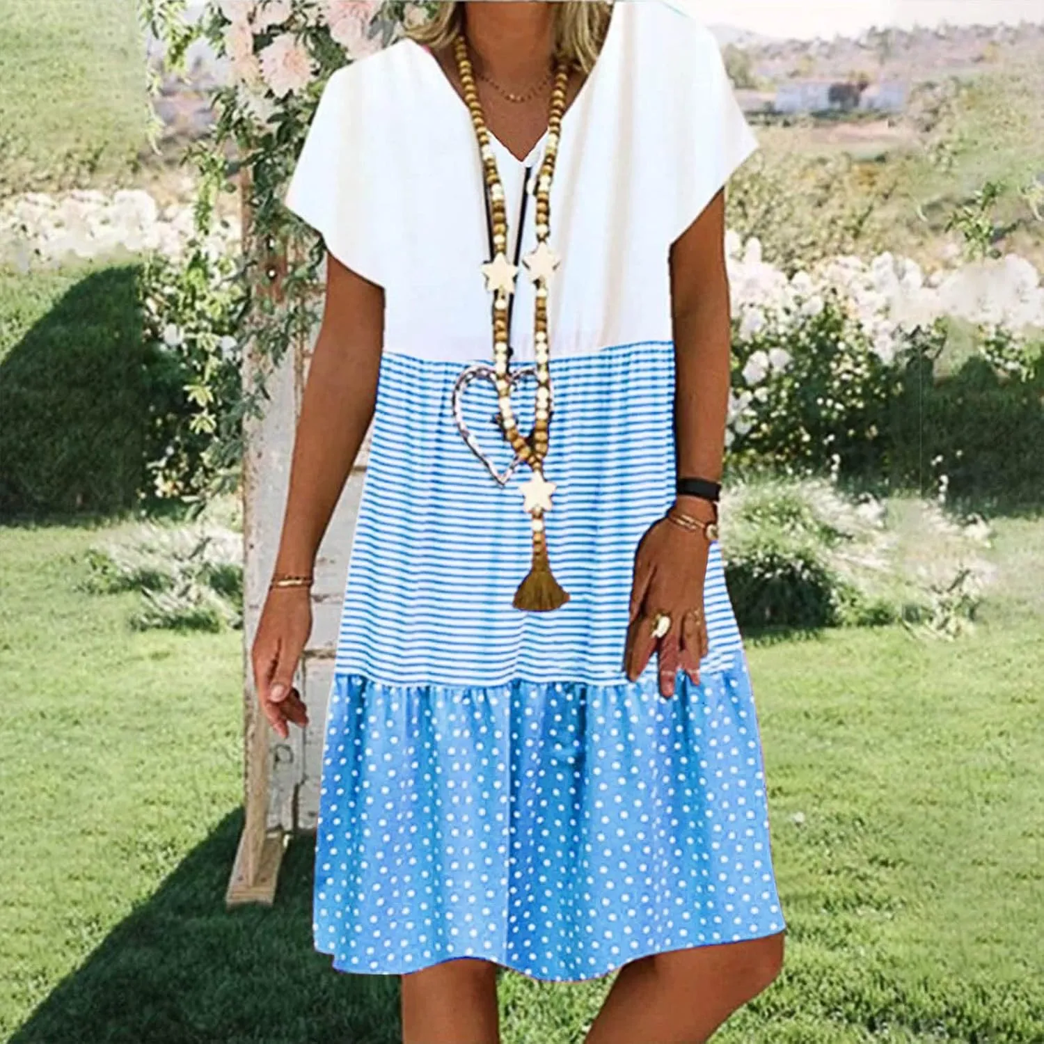 hlysgo Summer Dresses for Women Plus Size Short Sleeve V Neck Mini Dress Trendy Polka Dots Stripes Knee Length Peplum Dress