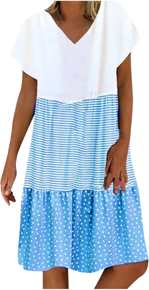 hlysgo Summer Dresses for Women Plus Size Short Sleeve V Neck Mini Dress Trendy Polka Dots Stripes Knee Length Peplum Dress