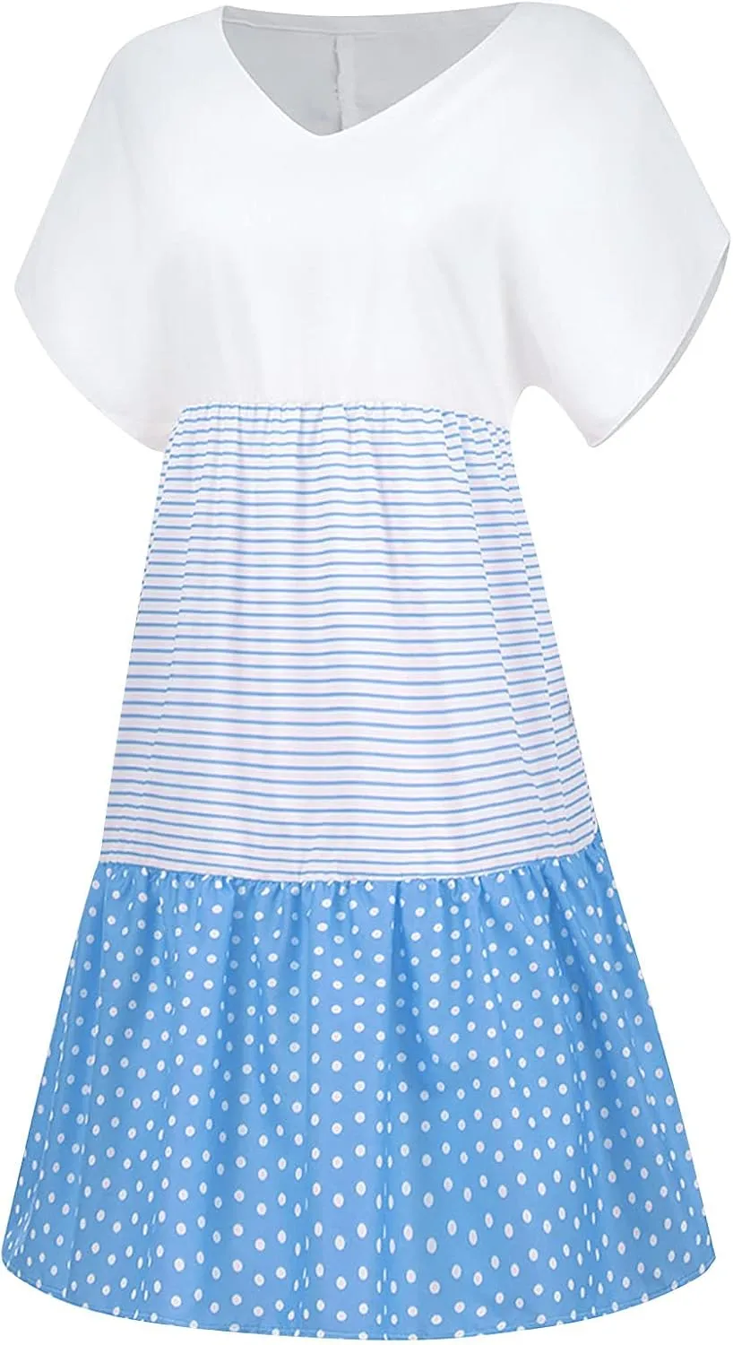 hlysgo Summer Dresses for Women Plus Size Short Sleeve V Neck Mini Dress Trendy Polka Dots Stripes Knee Length Peplum Dress