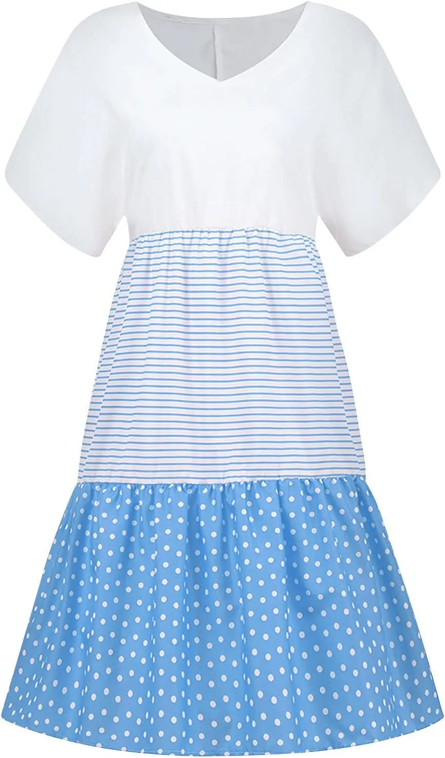 hlysgo Summer Dresses for Women Plus Size Short Sleeve V Neck Mini Dress Trendy Polka Dots Stripes Knee Length Peplum Dress