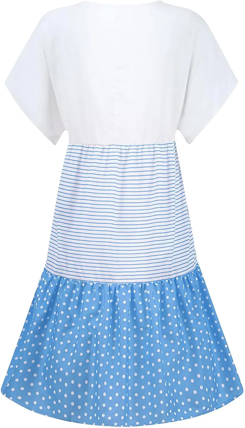 hlysgo Summer Dresses for Women Plus Size Short Sleeve V Neck Mini Dress Trendy Polka Dots Stripes Knee Length Peplum Dress