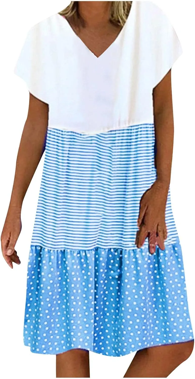 hlysgo Summer Dresses for Women Plus Size Short Sleeve V Neck Mini Dress Trendy Polka Dots Stripes Knee Length Peplum Dress