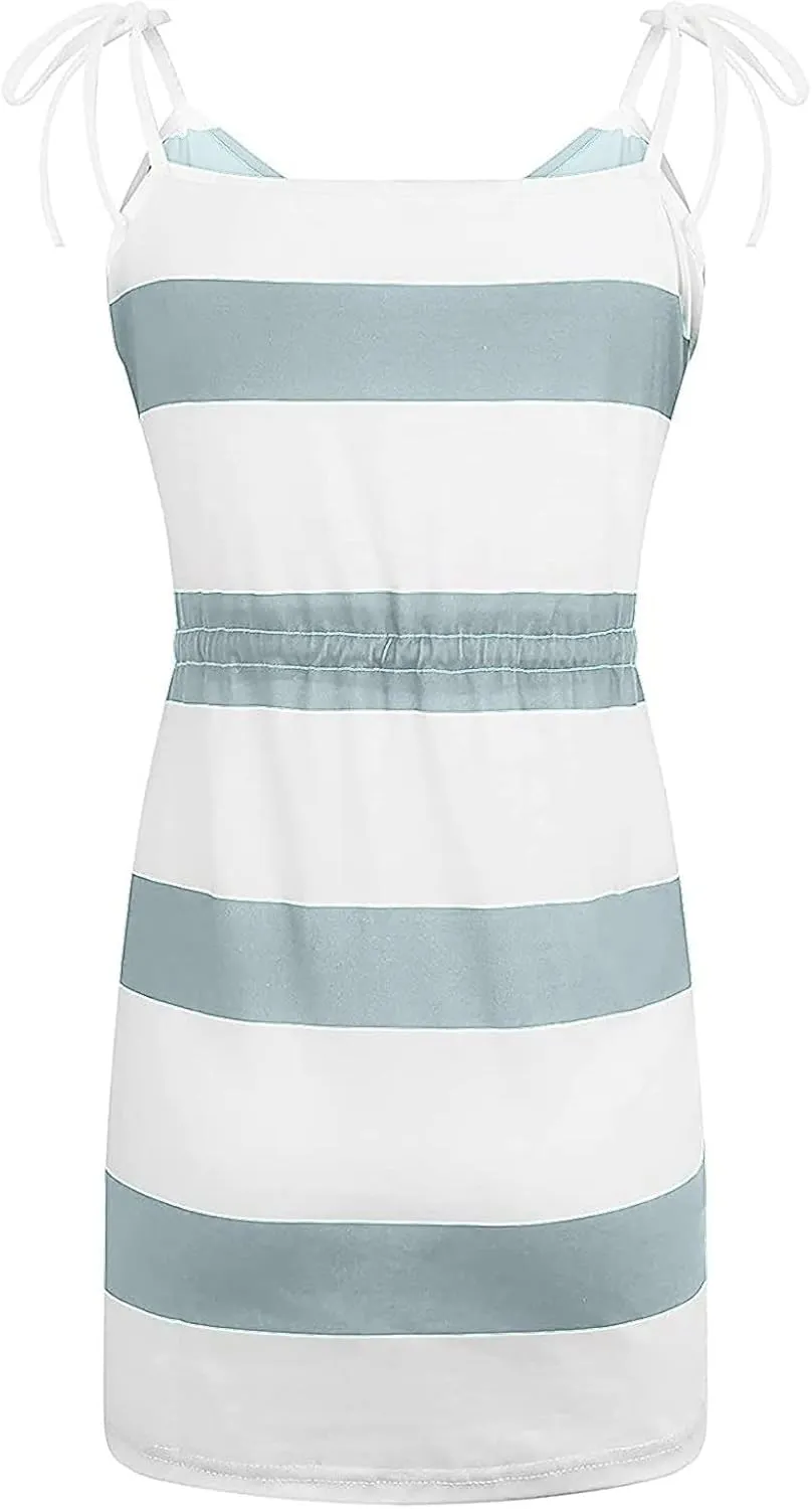 hlysgo Sundresses for Women 2025 Summer Casual Sleeveless V Neck Mini Dresses Drawstring Waist Stripes Dress with Pockets