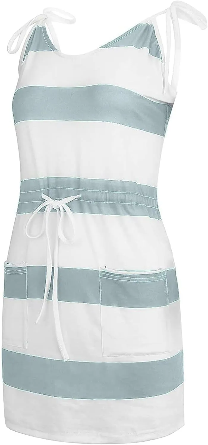 hlysgo Sundresses for Women 2025 Summer Casual Sleeveless V Neck Mini Dresses Drawstring Waist Stripes Dress with Pockets