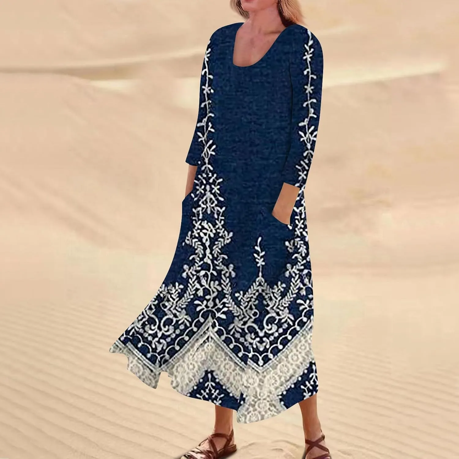HXHYQKP 3/4 Length Sleeve Plus Size Dresses for Curvy Fall Dresses for Women 2025 Cotton Linen Dress Pocket Dress