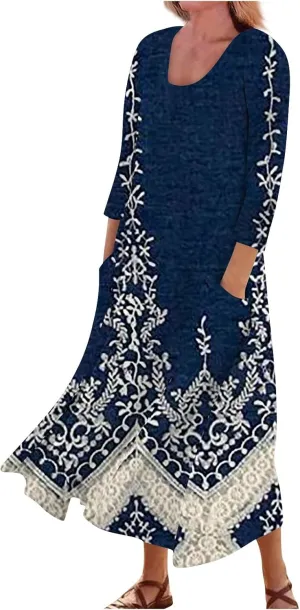 HXHYQKP 3/4 Length Sleeve Plus Size Dresses for Curvy Fall Dresses for Women 2025 Cotton Linen Dress Pocket Dress