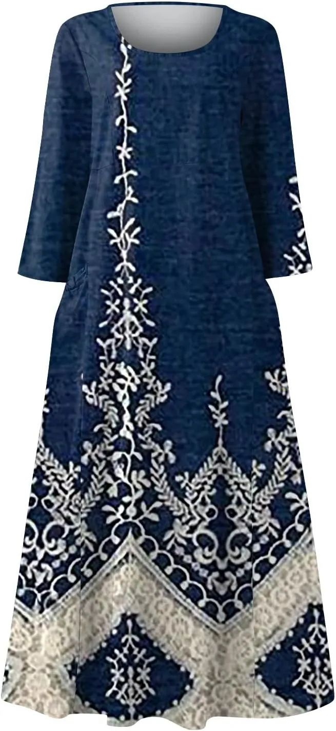 HXHYQKP 3/4 Length Sleeve Plus Size Dresses for Curvy Fall Dresses for Women 2025 Cotton Linen Dress Pocket Dress