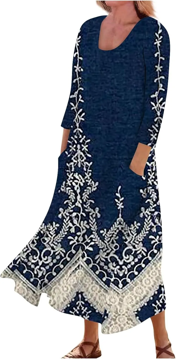 HXHYQKP 3/4 Length Sleeve Plus Size Dresses for Curvy Fall Dresses for Women 2025 Cotton Linen Dress Pocket Dress