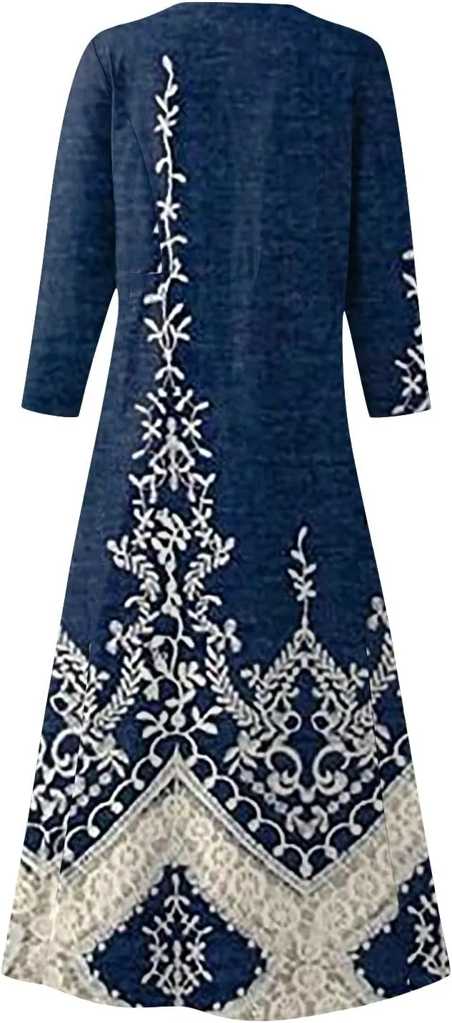 HXHYQKP 3/4 Length Sleeve Plus Size Dresses for Curvy Fall Dresses for Women 2025 Cotton Linen Dress Pocket Dress