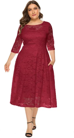 IWEMEK Women Plus Size Floral Lace 3/4 Sleeve Wedding Cocktail Swing Midi Dress with Pockets Casual Evening Party Prom Dress