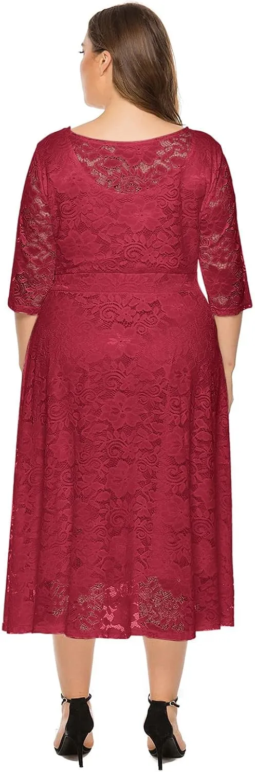 IWEMEK Women Plus Size Floral Lace 3/4 Sleeve Wedding Cocktail Swing Midi Dress with Pockets Casual Evening Party Prom Dress